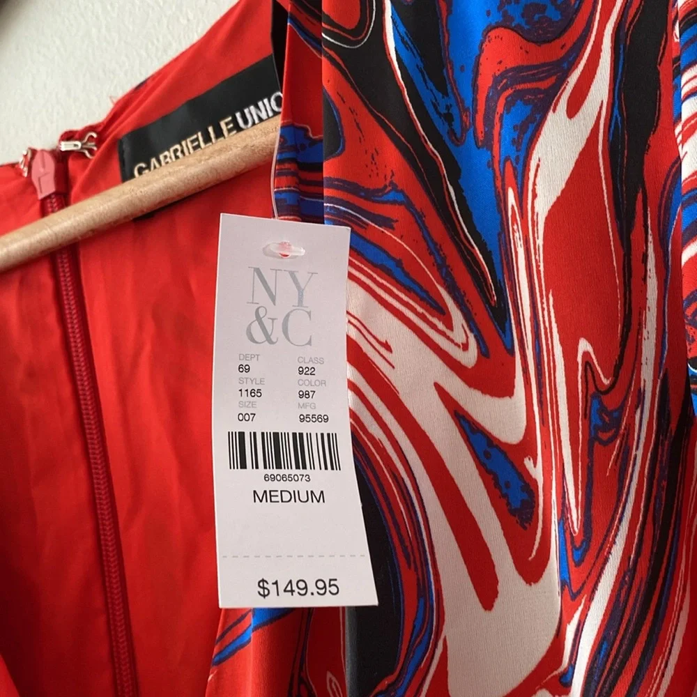 NWT Gabrielle Union x New York & co. Womens M Red Blue Marble-Print Maxi Dress